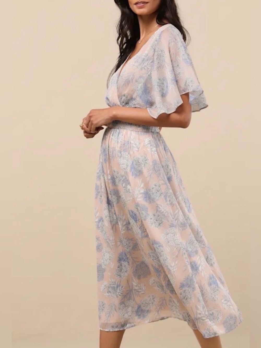 Lulu's Blush Beige Smocked Waist Flutter Sleeves Dress